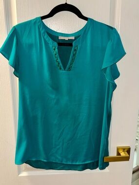 Daniel Rainn Teal Flutter-Sleeve V-Notch Blouse